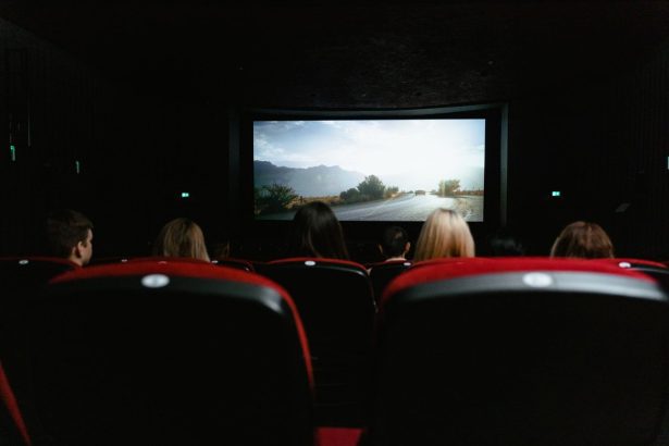 Público visto de costas durante uma sessão de cinema, diante de uma grande tela em uma sala com poltronas vermelhas